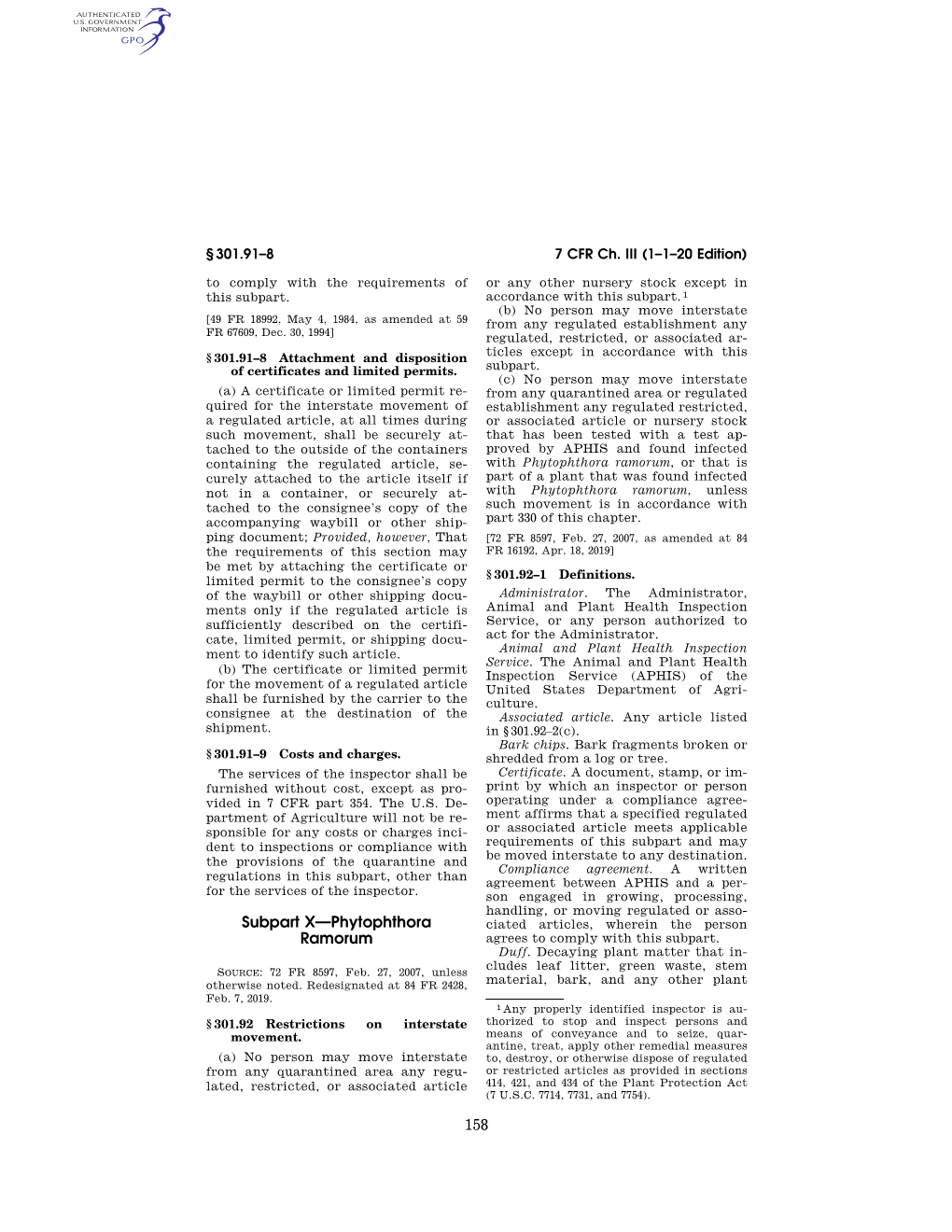 158 Subpart X—Phytophthora Ramorum