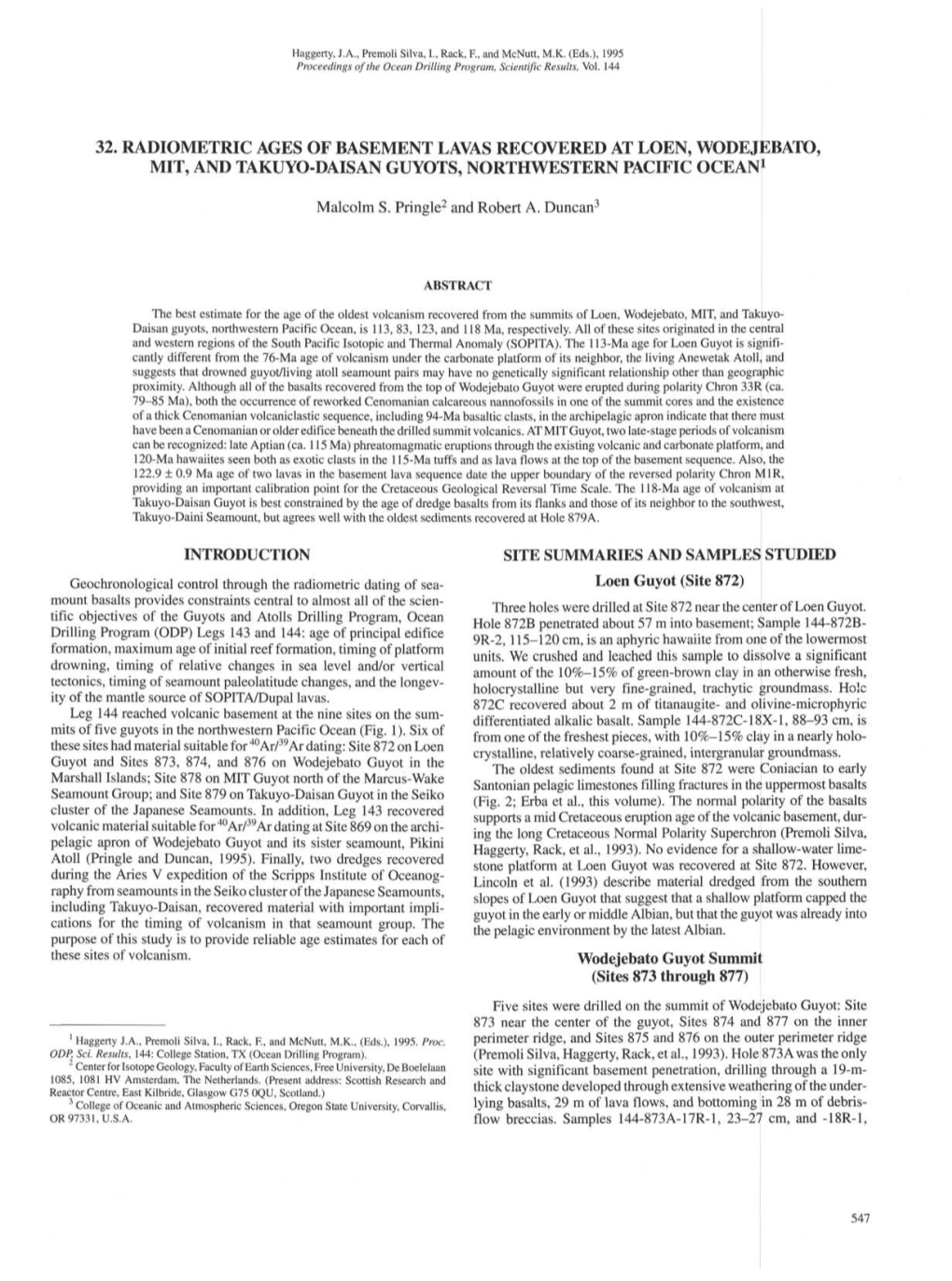 32. Radiometric Ages of Basement Lavas Recovered at Loen, Wodejebato, Mit, and Takuyo-Daisan Guyots, Northwestern Pacific Ocean1