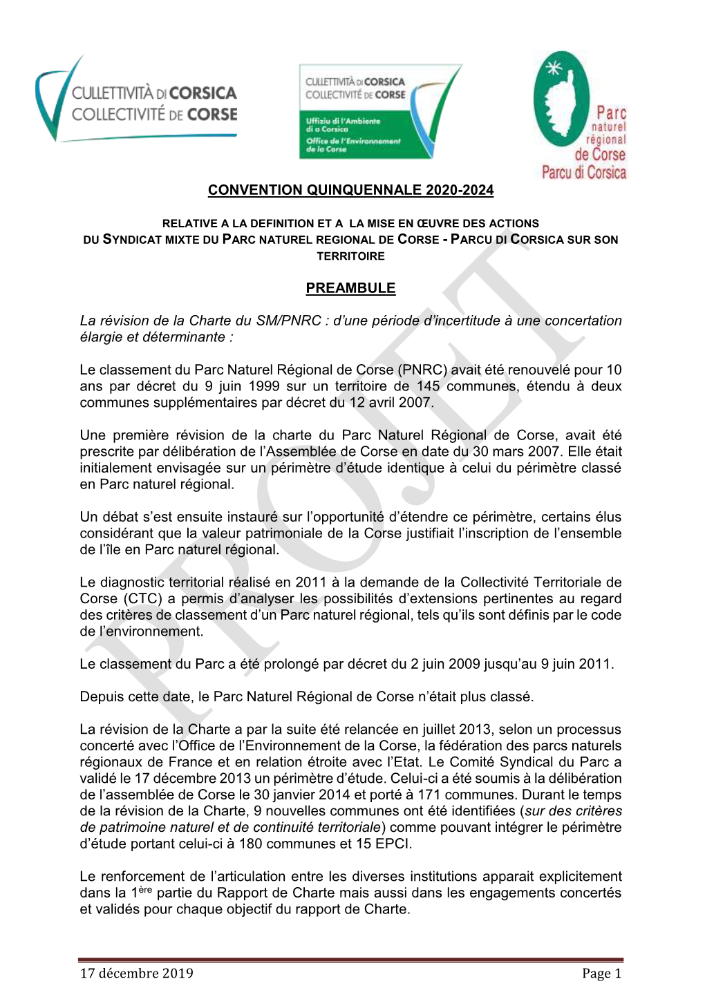 17 Décembre 2019 Page 1 CONVENTION QUINQUENNALE 2020-2024 PREAMBULE La Révision De La Charte Du SM/PNRC : D'une Période D