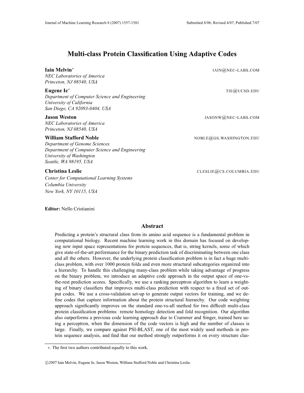 Multi-Class Protein Classification Using Adaptive Codes