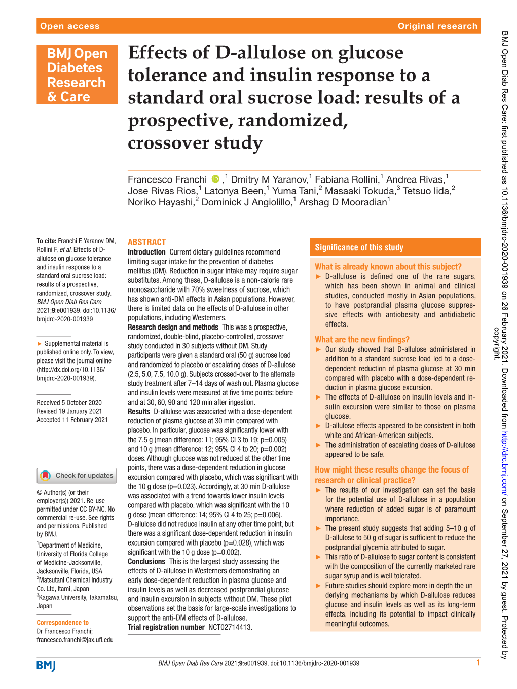 Effects of D-Allulose on Glucose Tolerance and Insulin Response to A