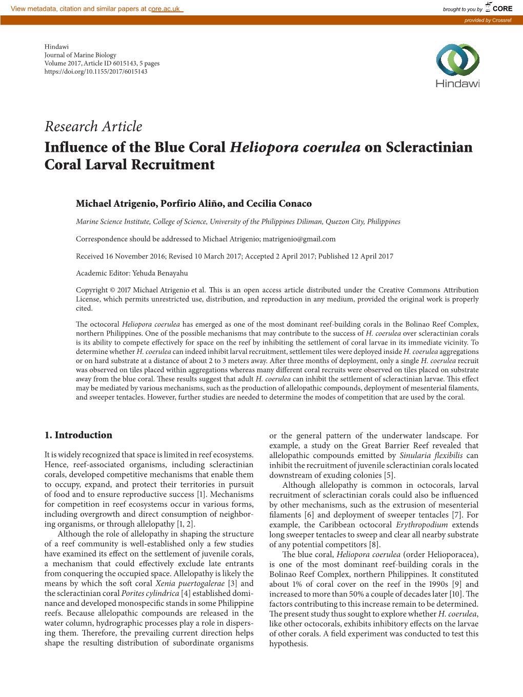 Research Article Influence of the Blue Coral Heliopora Coerulea on Scleractinian Coral Larval Recruitment