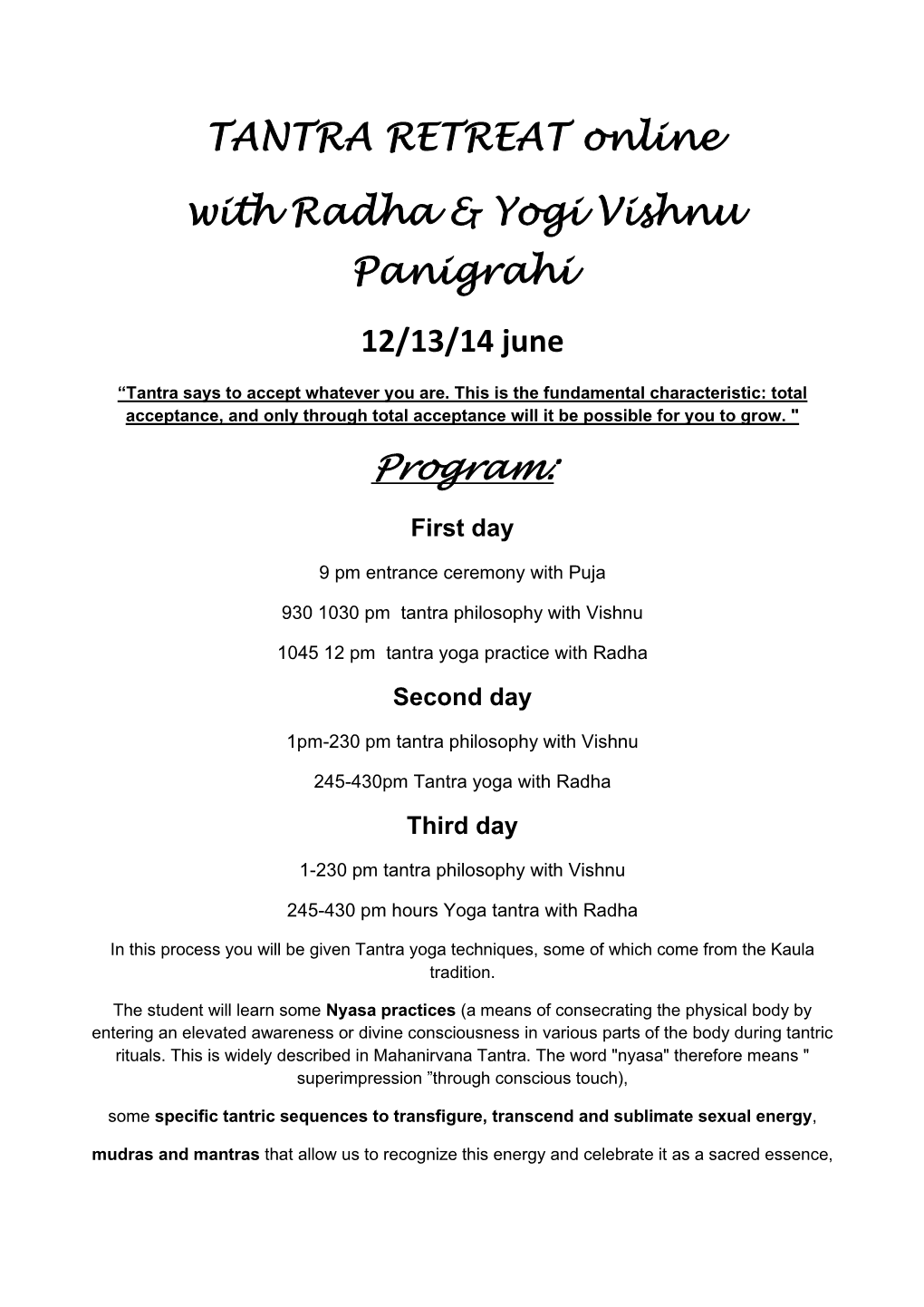 TANTRA RETREAT Online with Radha & Yogi Vishnu Panigrahi