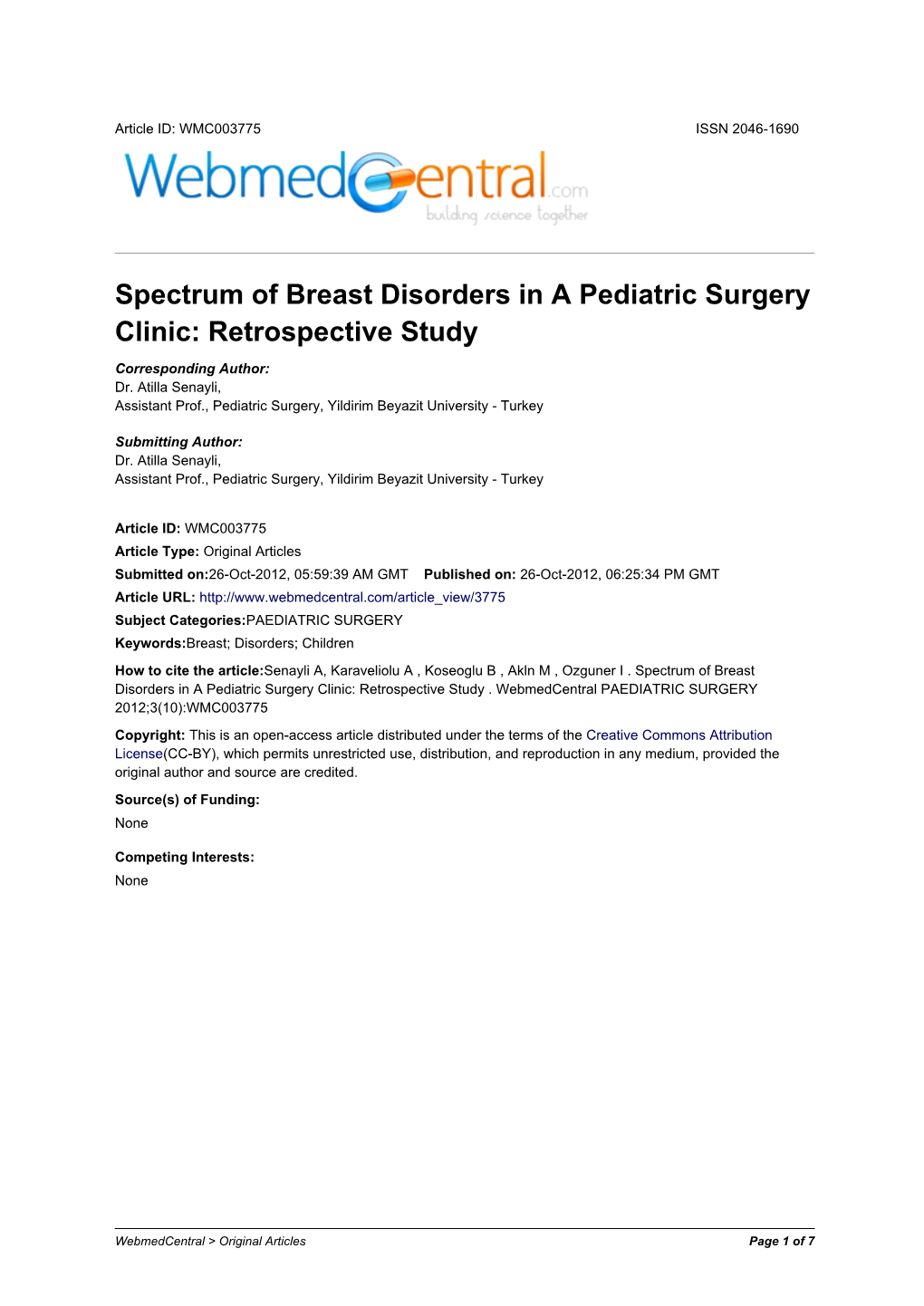 Spectrum of Breast Disorders in a Pediatric Surgery Clinic: Retrospective Study