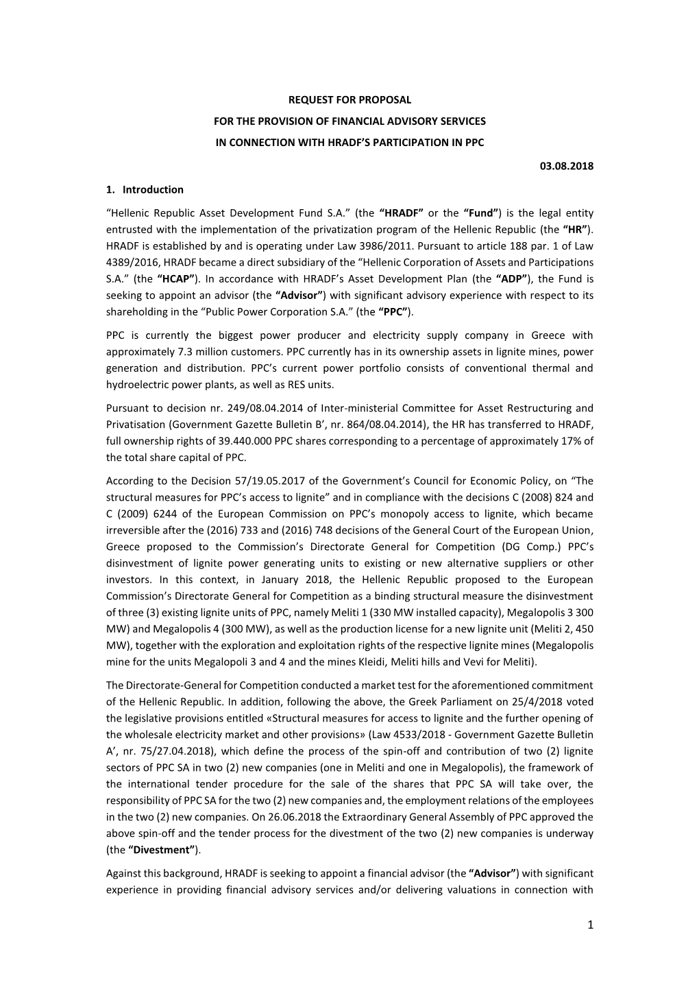 Request for Proposal for the Provision of Financial Advisory Services in Connection with Hradf’S Participation in Ppc