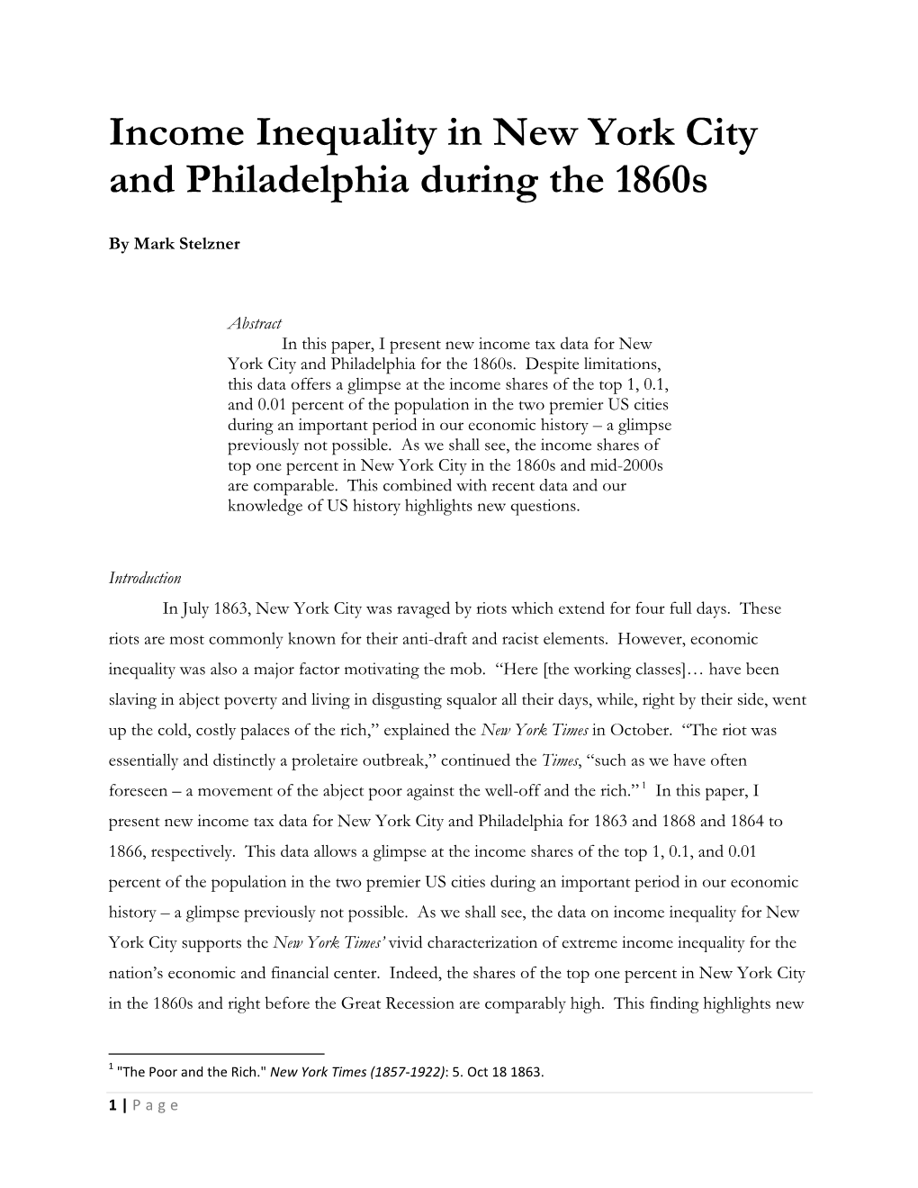 Income Inequality in New York City and Philadelphia During the 1860S