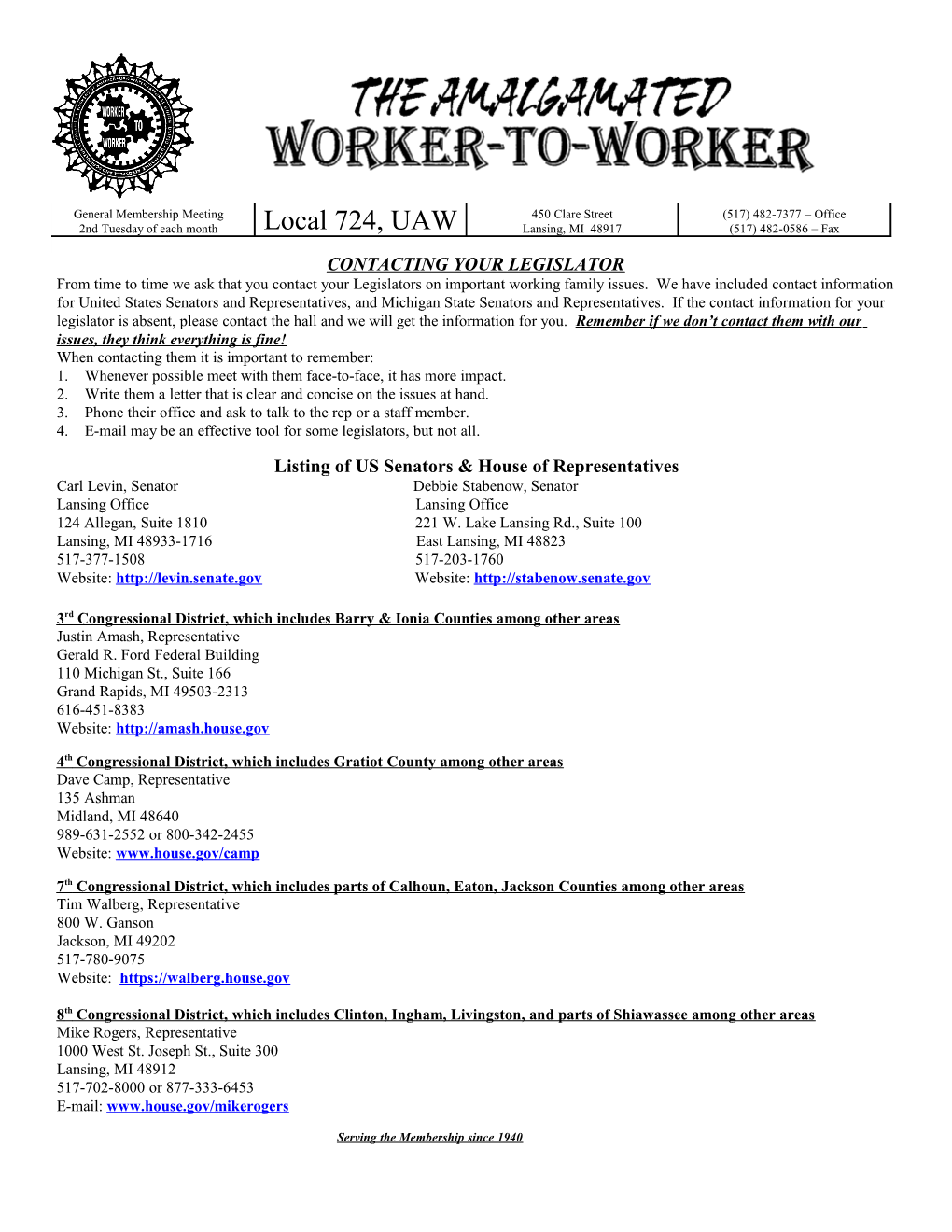 Local 724, UAW Lansing, MI 48917 (517) 482-0586 – Fax