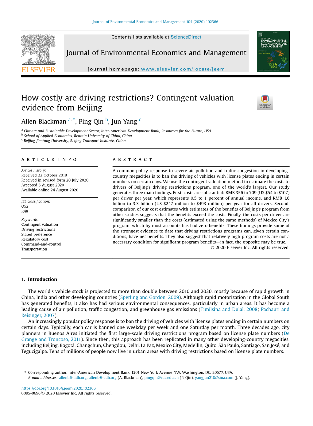 How Costly Are Driving Restrictions? Contingent Valuation Evidence from Beijing