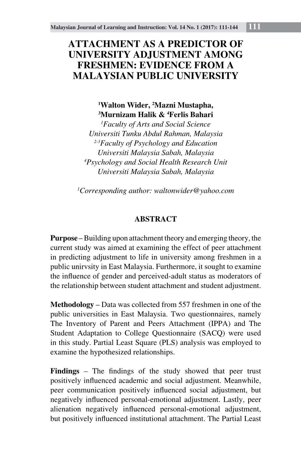 Attachment As a Predictor of University Adjustment Among Freshmen: Evidence from a Malaysian Public University