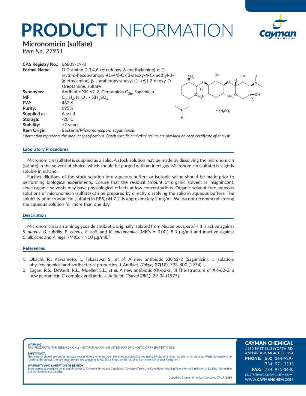 PRODUCT INFORMATION Micronomicin (Sulfate) Item No