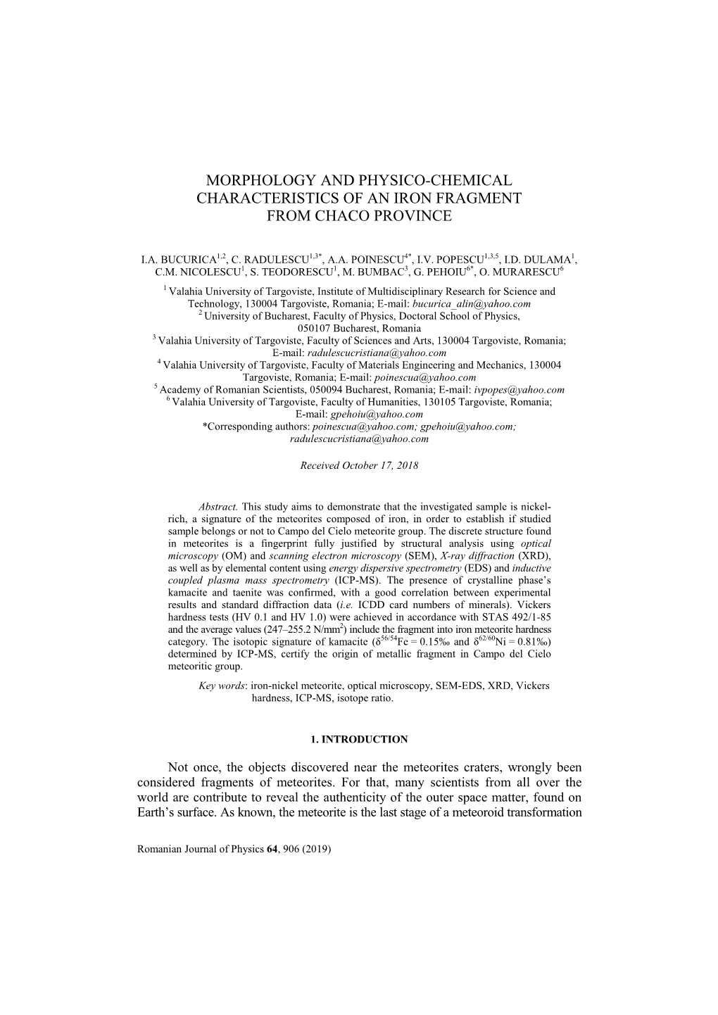 Morphology and Physico-Chemical Characteristics of an Iron Fragment from Chaco Province