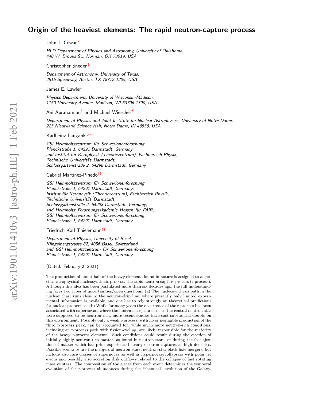 Arxiv:1901.01410V3 [Astro-Ph.HE] 1 Feb 2021 Mental Information Is Available, and One Has to Rely Strongly on Theoretical Predictions for Nuclear Properties