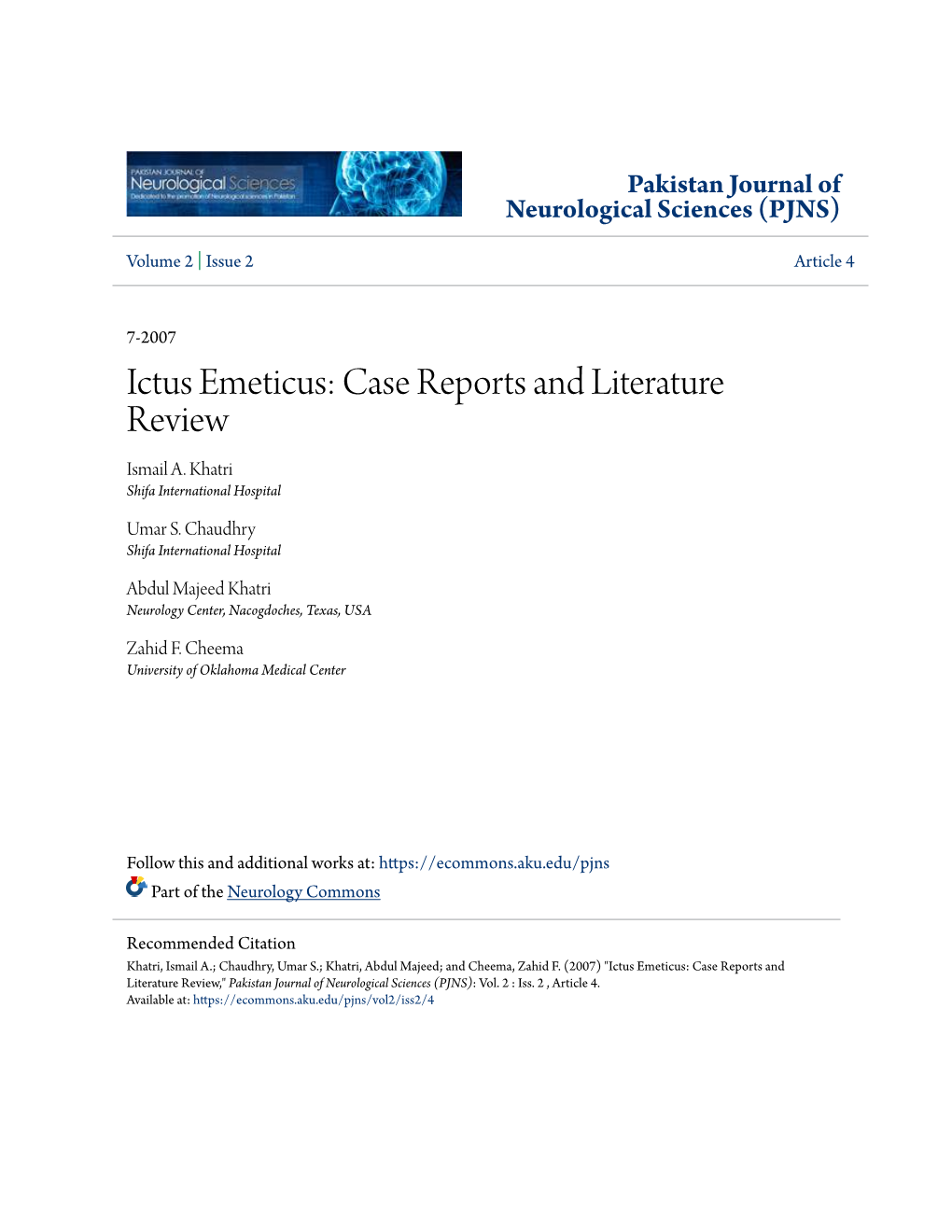 Ictus Emeticus: Case Reports and Literature Review Ismail A