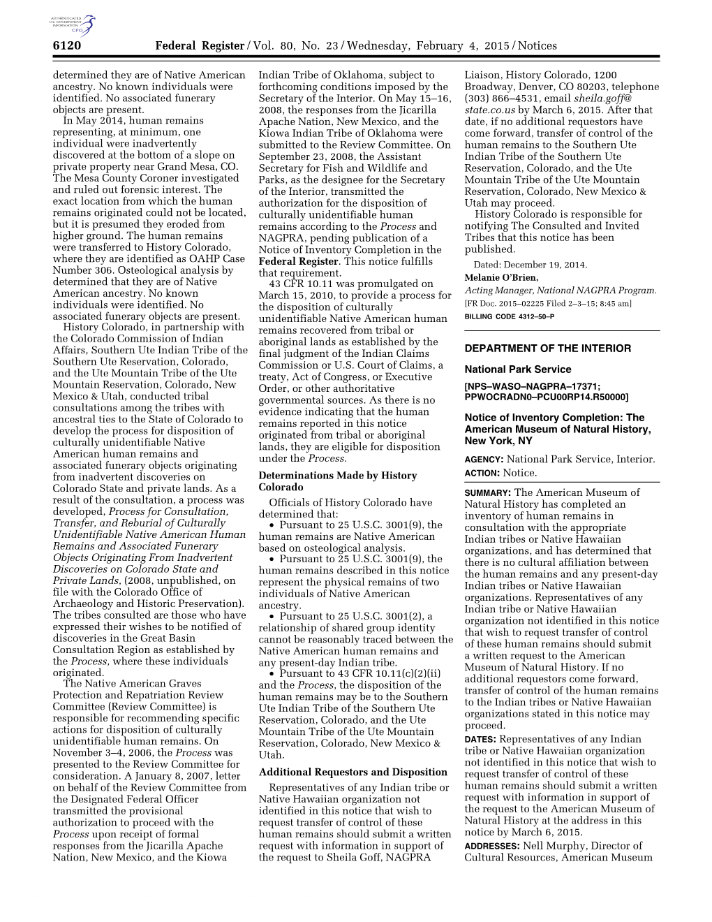 Federal Register/Vol. 80, No. 23/Wednesday, February 4, 2015