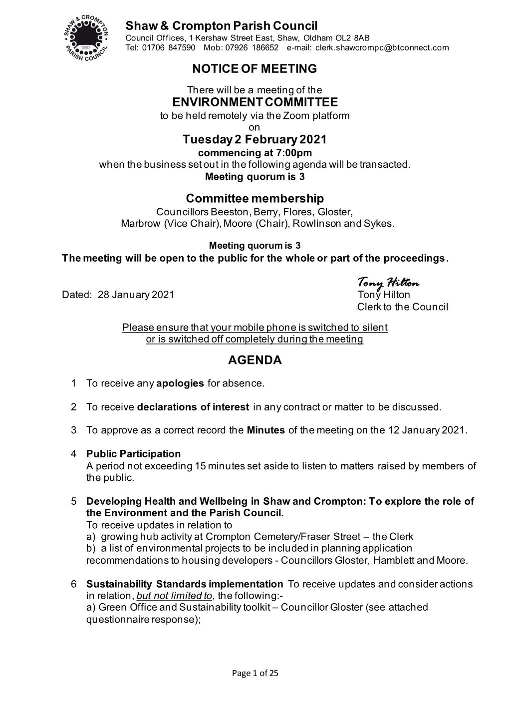 Remote Environment Committee Meeting Tuesday 2 February 2021