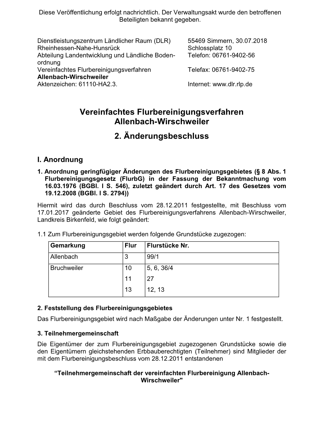 Vereinfachtes Flurbereinigungsverfahren Allenbach-Wirschweiler 2. Änderungsbeschluss