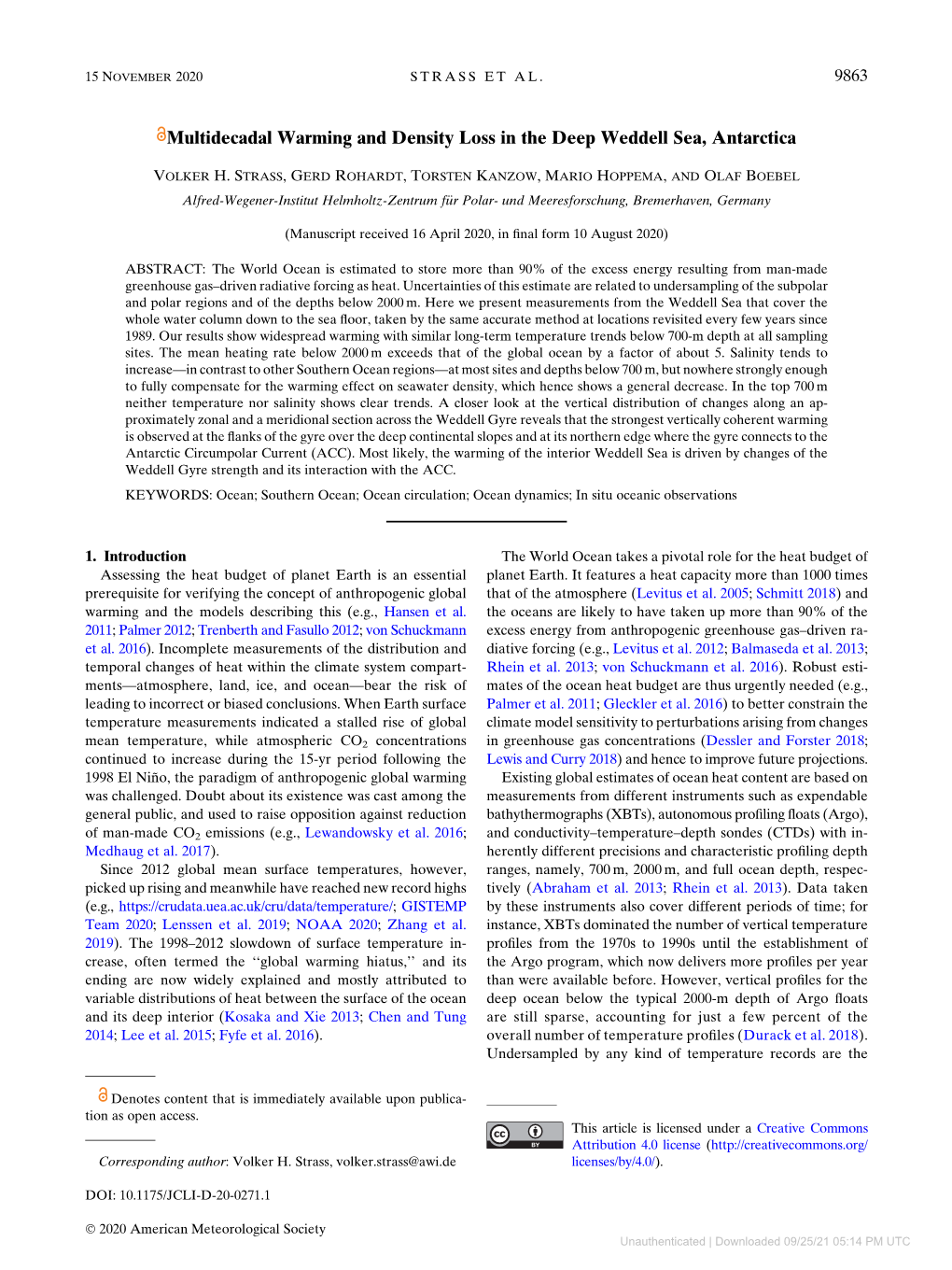 Multidecadal Warming and Density Loss in the Deep Weddell Sea, Antarctica