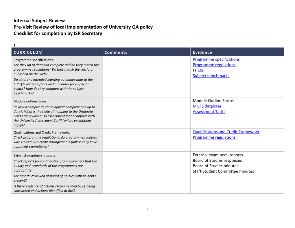 Pre-Visit Review of Local Implementation of University QA Policy