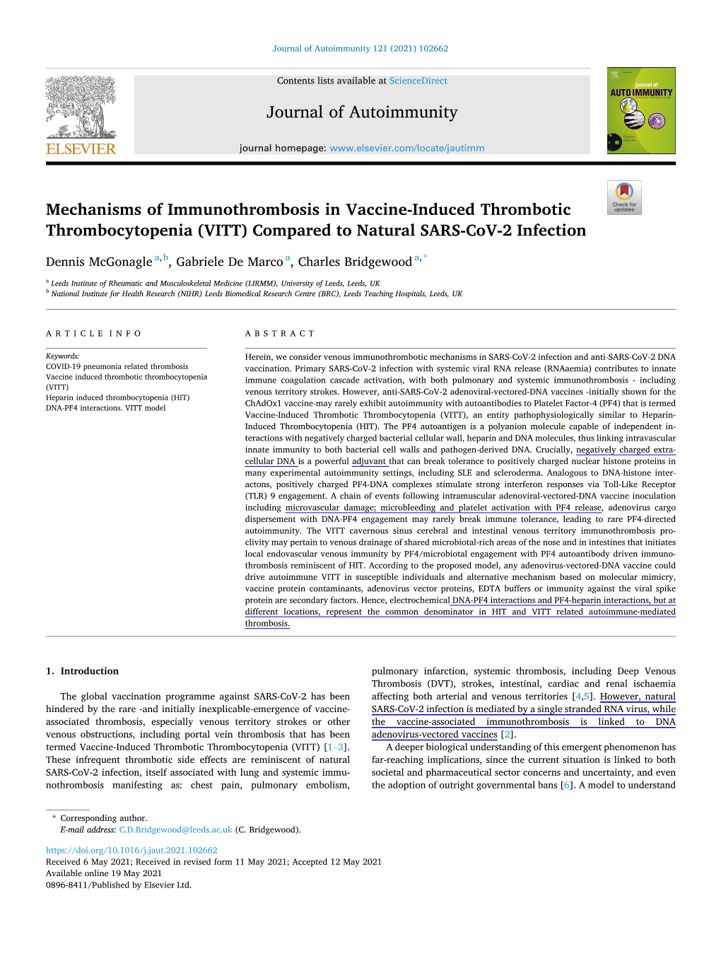 Mechanisms of Immunothrombosis in Vaccine-Induced Thrombotic Thrombocytopenia (VITT) Compared to Natural SARS-Cov-2 Infection