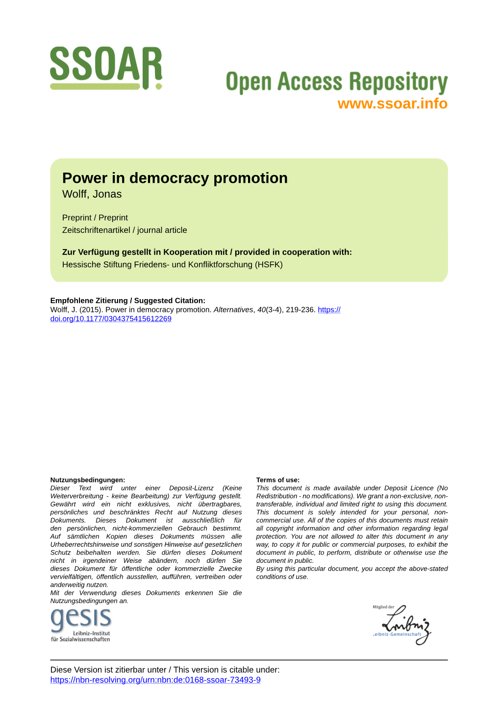 Power in Democracy Promotion Wolff, Jonas