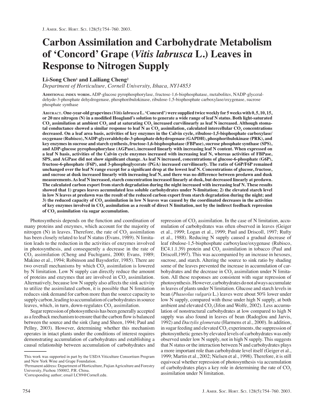 Carbon Assimilation and Carbohydrate Metabolism of ‘Concordʼ Grape (Vitis Labrusca L.) Leaves in Response to Nitrogen Supply