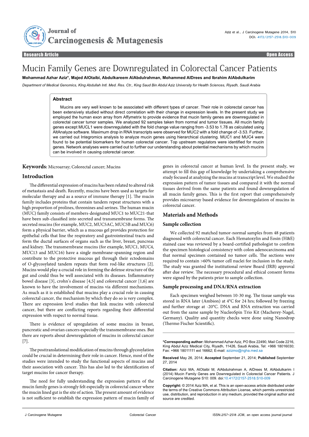 Mucin Family Genes Are Downregulated in Colorectal