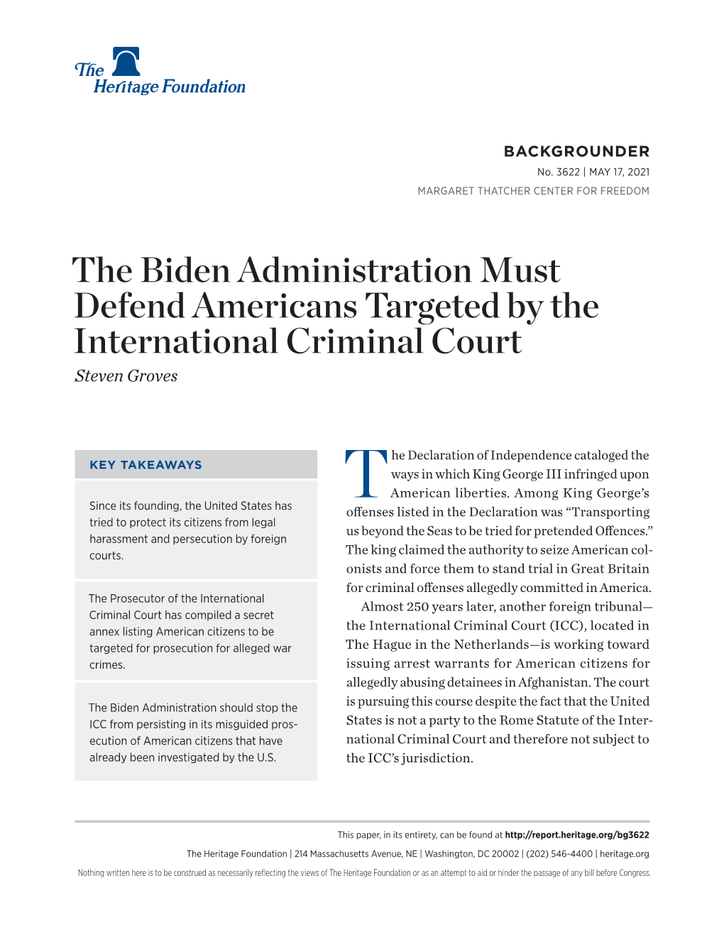 The Biden Administration Must Defend Americans Targeted by the International Criminal Court Steven Groves