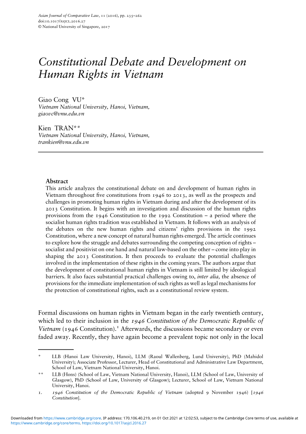Constitutional Debate and Development on Human Rights in Vietnam