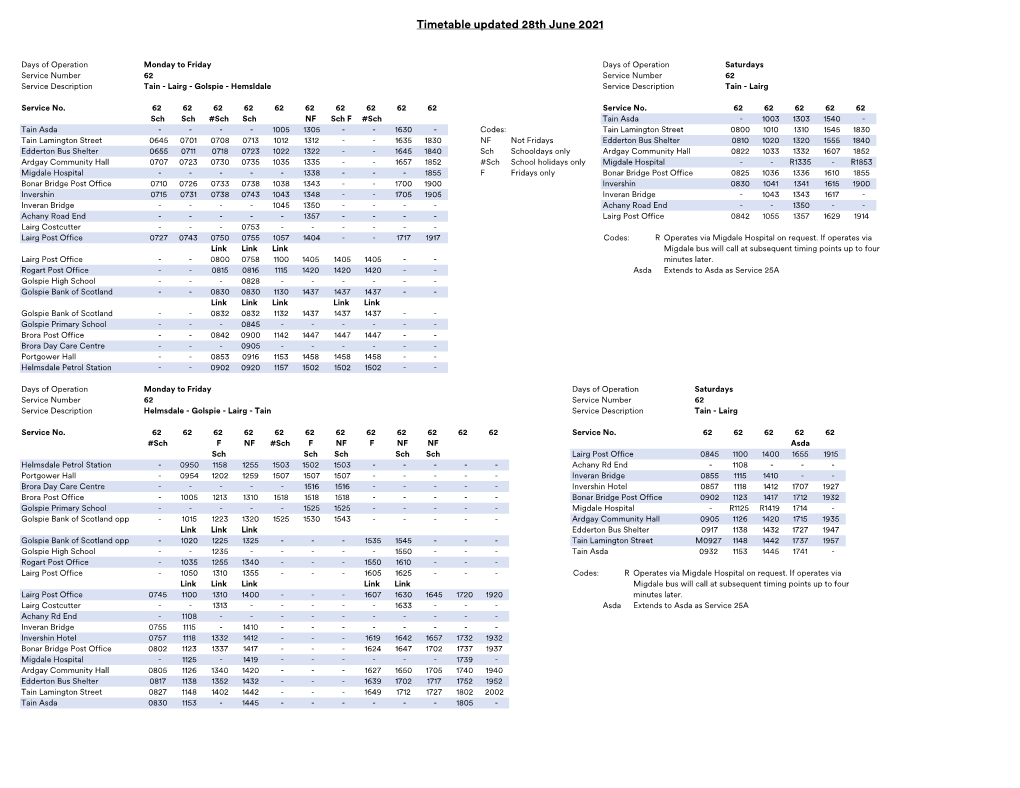 Timetable Updated 28Th June 2021