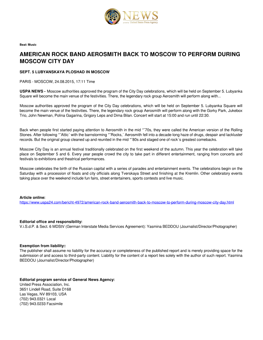 American Rock Band Aerosmith Back to Moscow to Perform During Moscow City Day