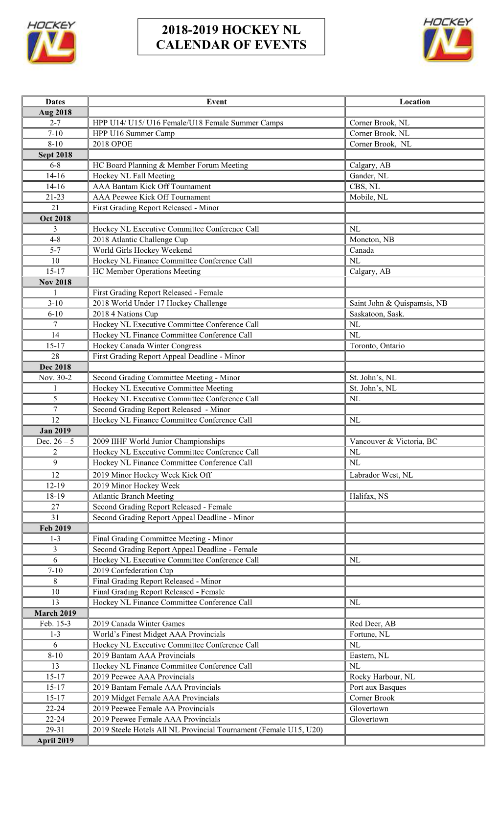 2018-2019 Hockey Nl Calendar of Events