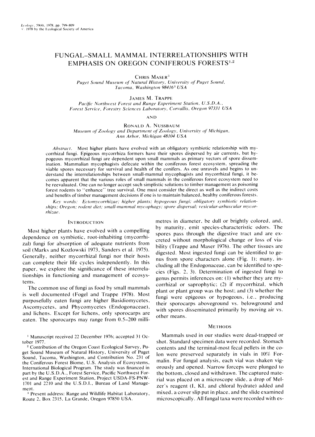 Fungal-Small Mammal Interrelationships with Emphasis on Oregon Coniferous Forests"