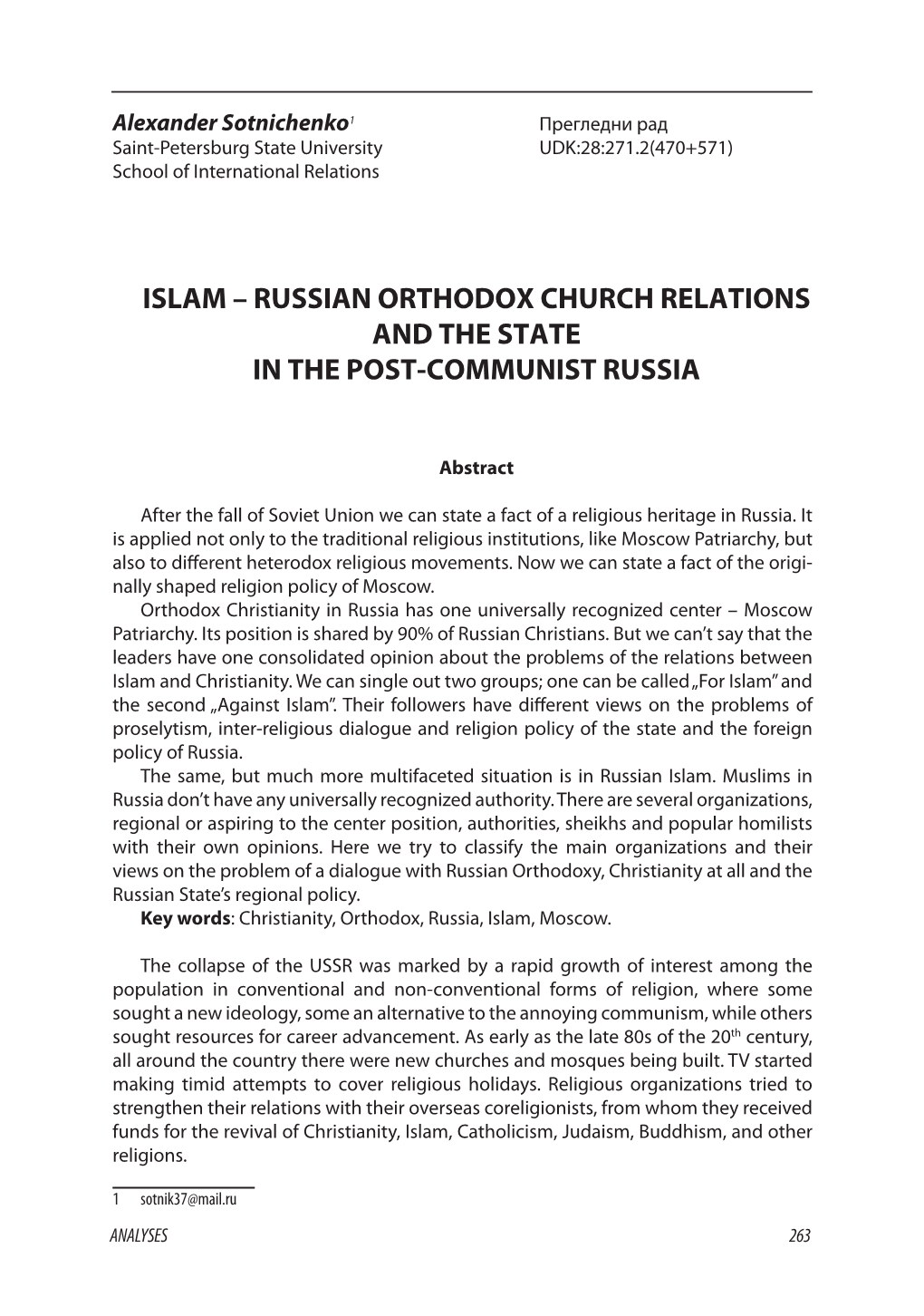 Islam – Russian Orthodox Church Relations and the State in the Post-Communist Russia