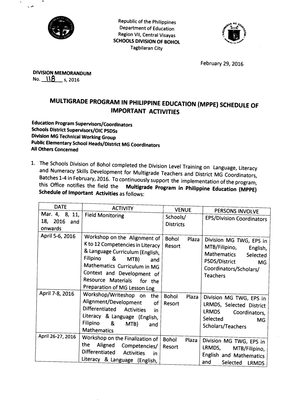 Multigrade Program in Philippine Education (Mppe) Schedule of Important Activities