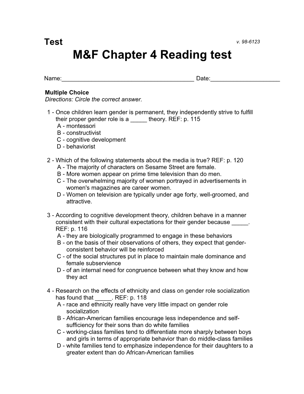 M&F Chapter 4 Reading Test