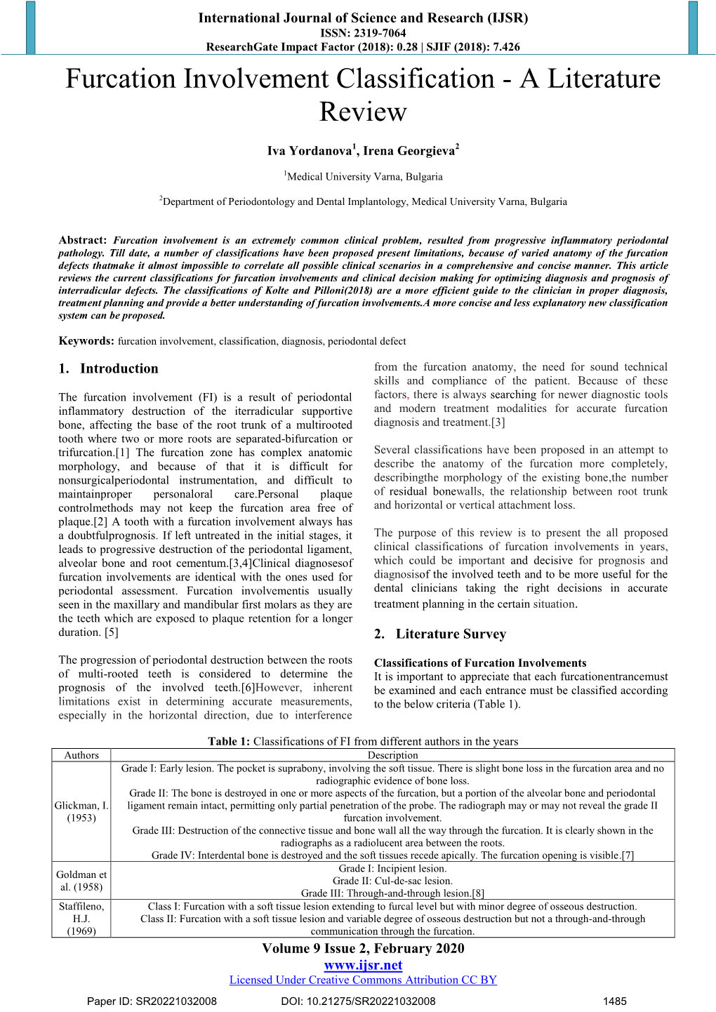 Furcation Involvement Classification - a Literature Review