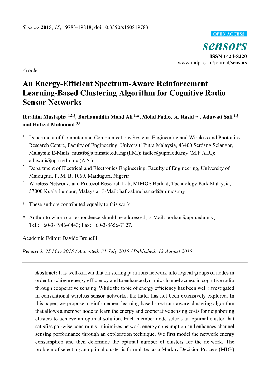 An Energy-Efficient Spectrum-Aware Reinforcement Learning-Based Clustering Algorithm for Cognitive Radio Sensor Networks