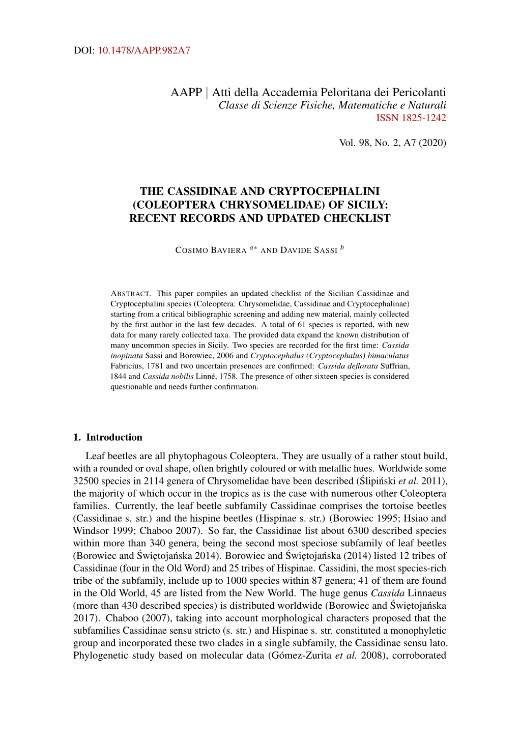 Coleoptera Chrysomelidae) of Sicily: Recent Records and Updated Checklist