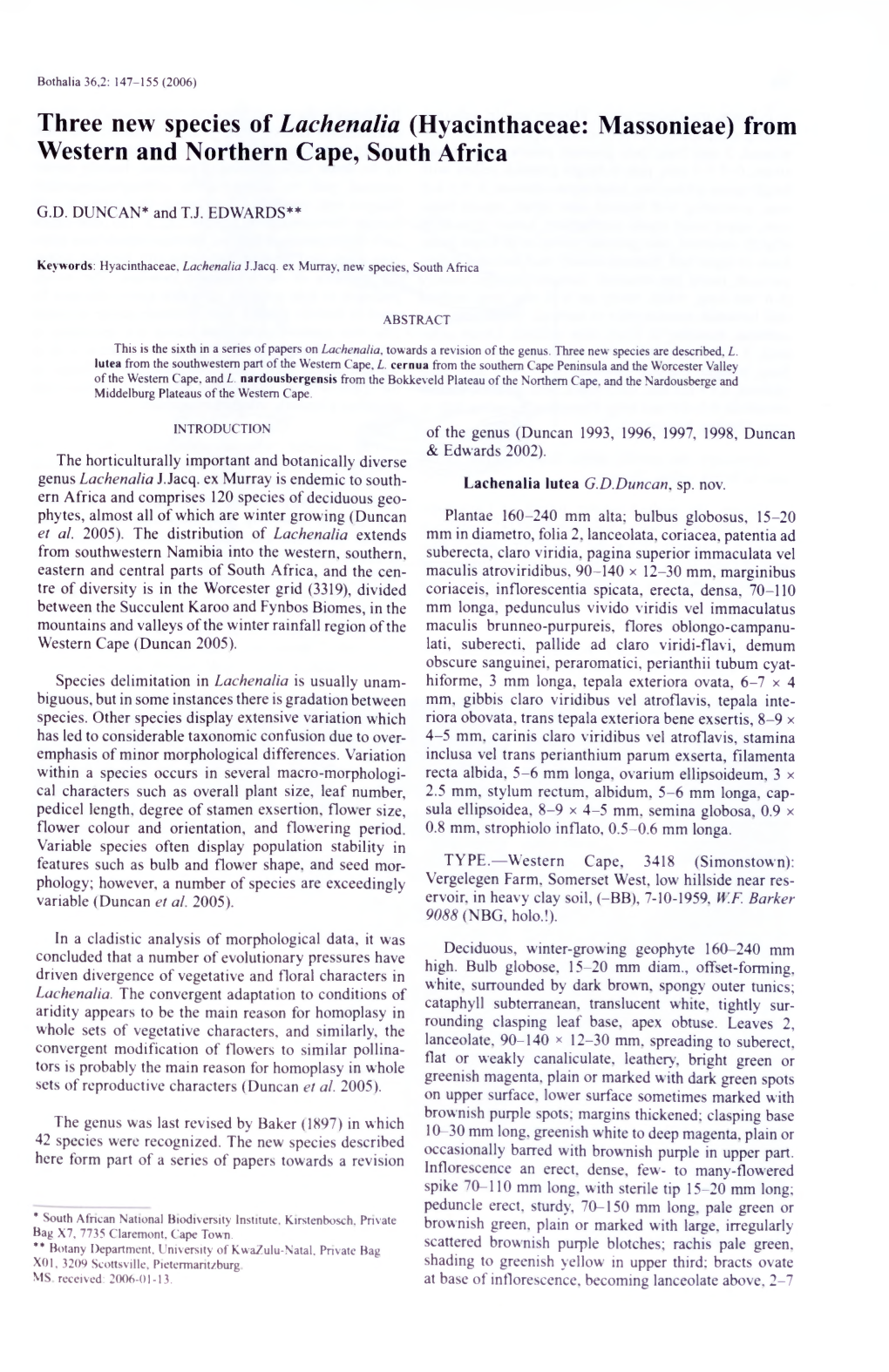 Three New Species of Lachenalia (Hyacinthaceae: Massonieae) from Western and Northern Cape, South Africa