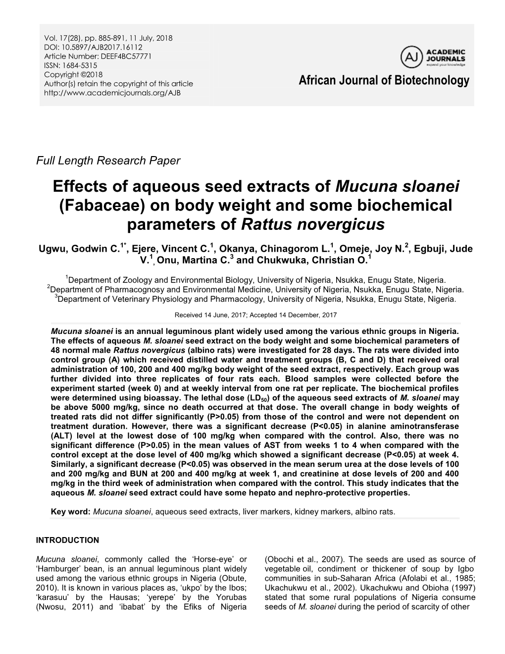 Effects of Aqueous Seed Extracts of Mucuna Sloanei (Fabaceae) on Body Weight and Some Biochemical Parameters of Rattus Novergicus
