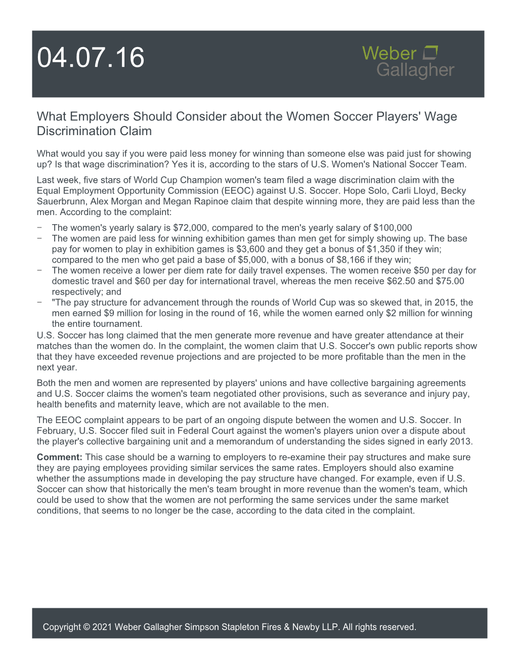 What Employers Should Consider About the Women Soccer Players' Wage Discrimination Claim