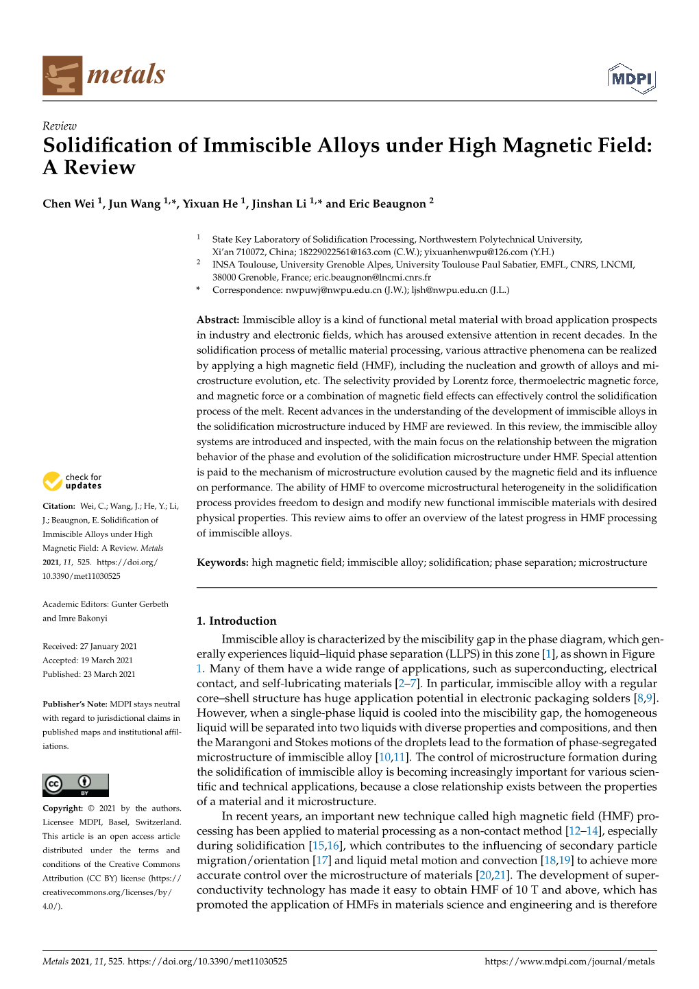 Solidification of Immiscible Alloys Under High Magnetic Field