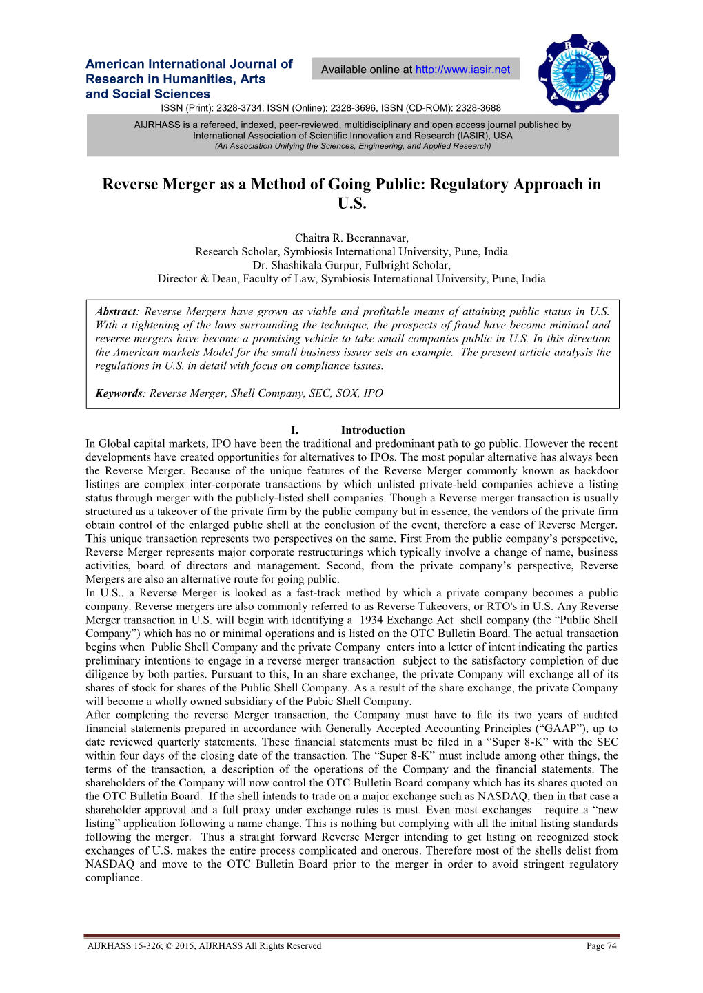 Reverse Merger As a Method of Going Public: Regulatory Approach in U.S