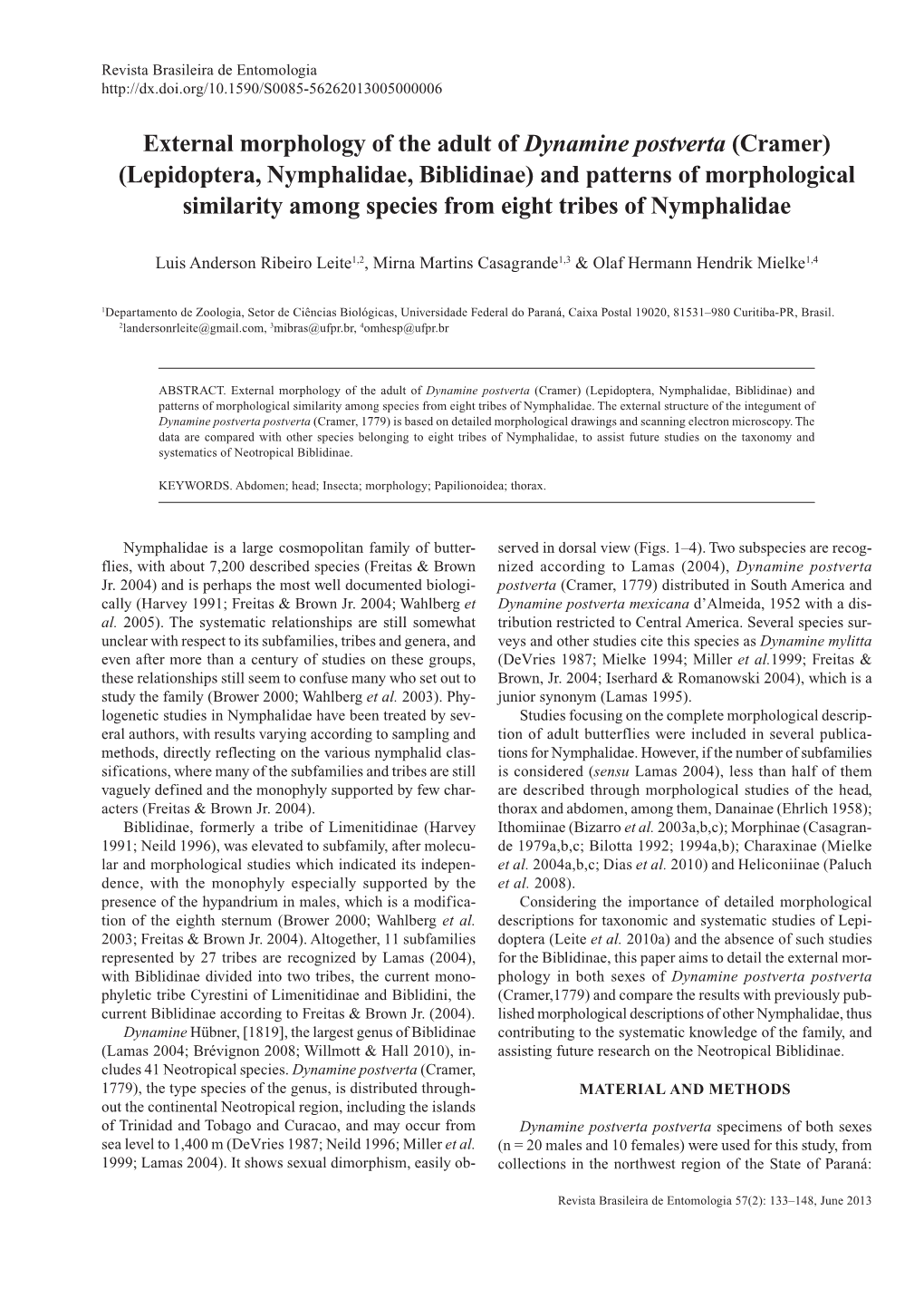 Lepidoptera, Nymphalidae, Biblidinae) and Patterns of Morphological Similarity Among Species from Eight Tribes of Nymphalidae