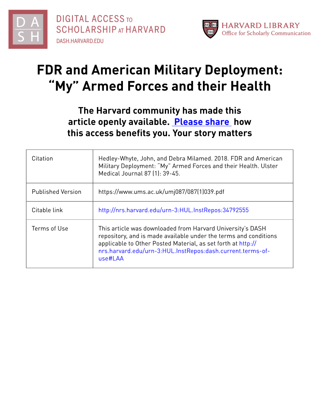 FDR and American Military Deployment: “My” Armed Forces and Their Health