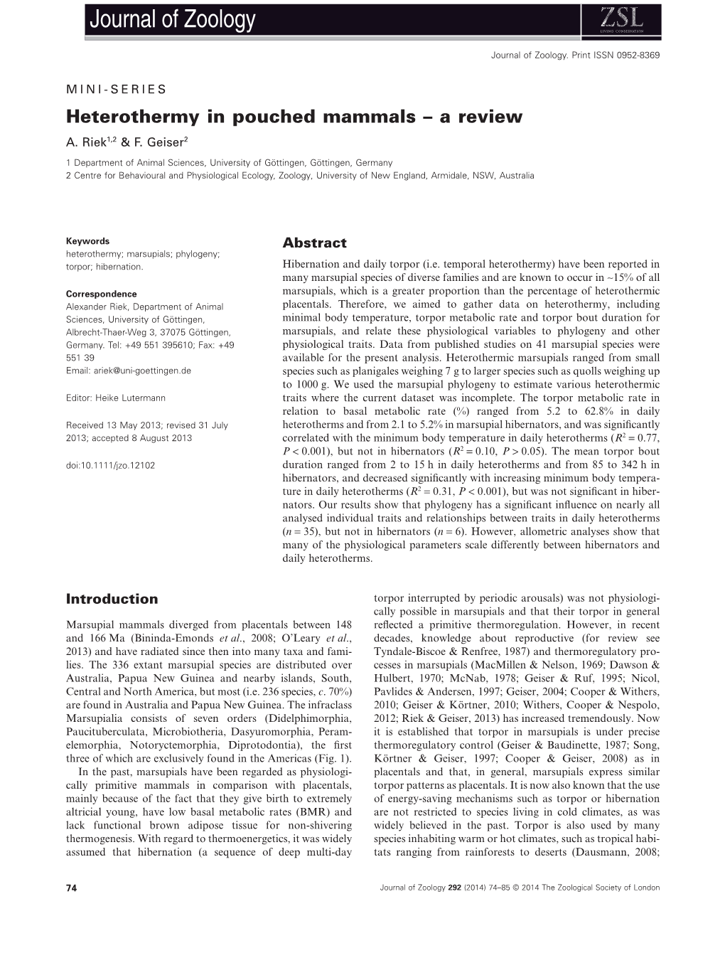 Heterothermy in Pouched Mammals a Review