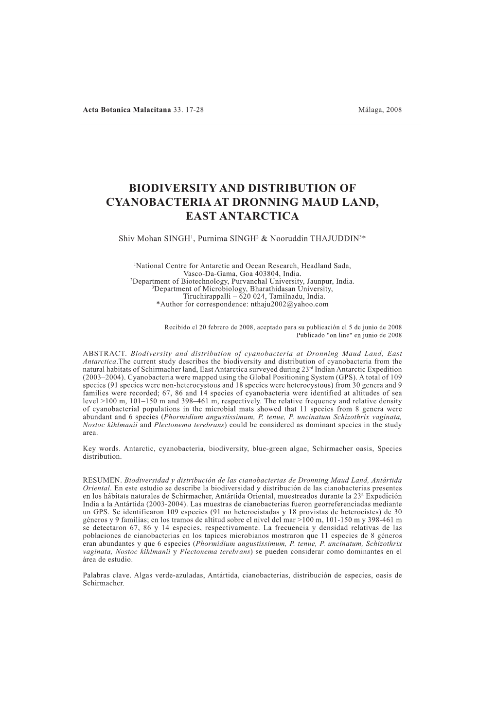 Biodiversity and Distribution of Cyanobacteria at Dronning Maud Land, East Antarctica