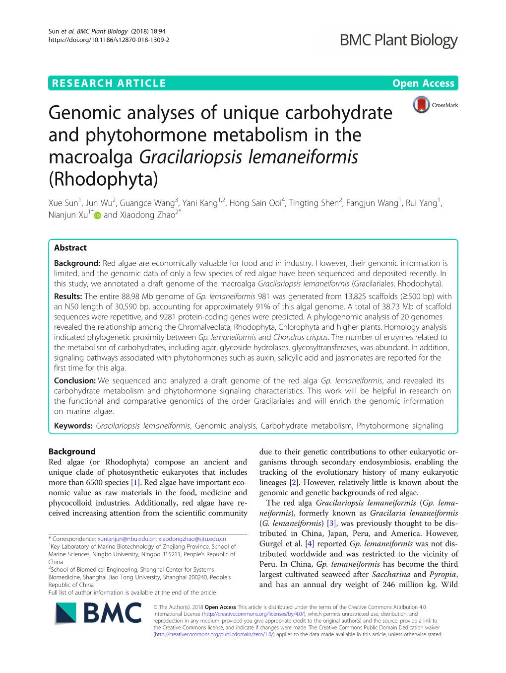 Genomic Analyses of Unique Carbohydrate and Phytohormone Metabolism in the Macroalga Gracilariopsis Lemaneiformis (Rhodophyta)