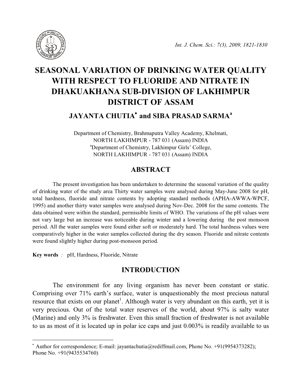 Seasonal Variation of Drinking Water Quality with Respect to Fluoride and Nitrate in Dhakuakhana Sub-Division of Lakhimpur Distr