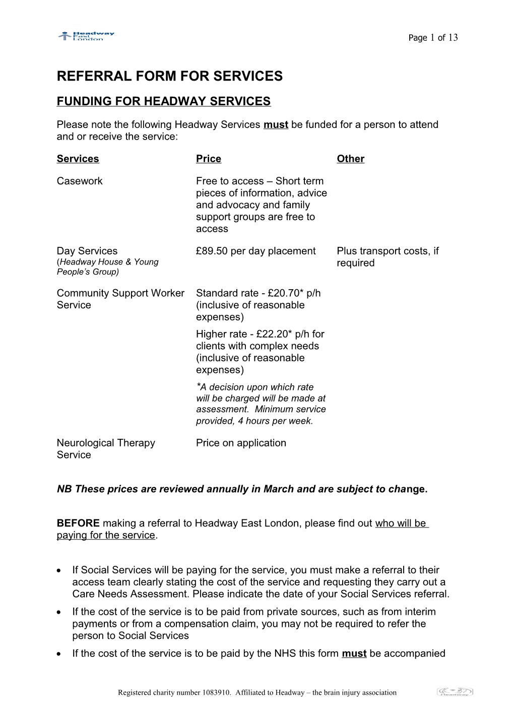 Referral Form for Headway East London Services